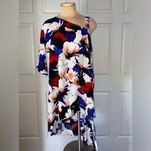 Midnight Velvet Abstract Floral One Shoulder Tunic - Red, Blue, White